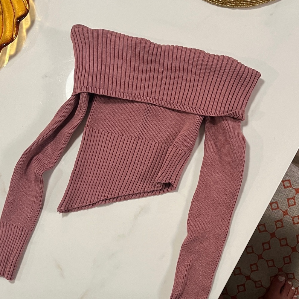 Off-Shoulder Ribbed Pink Sweater Top